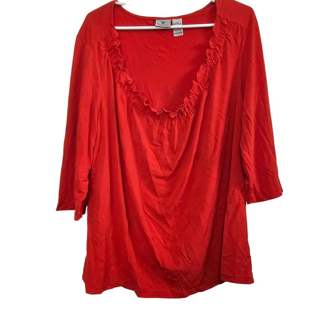 Worthington Woman Red Ruffle Scoop Neck 3/4 Sleeve Stretch Blouse Top 1X Plus